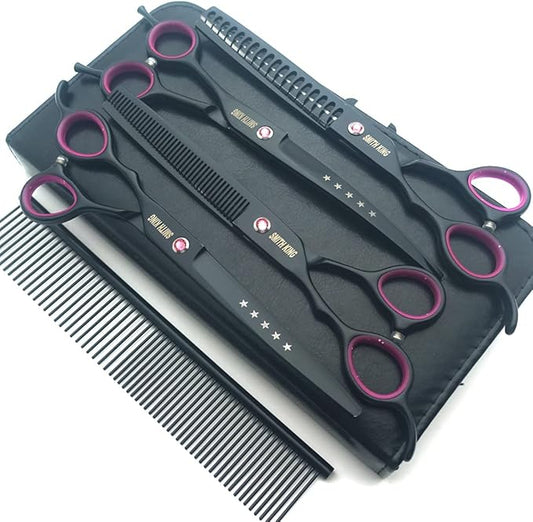 Professional Dog Grooming Shears Set Dogs Straight & thinning & Curved scissors & chunkers Scissorswith comb in 1 Set for Right-handed & Left-handed (7 in. Black Left-handed)
