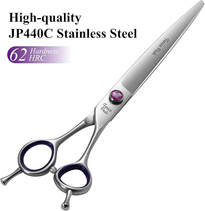 Fenice Peak 8'' Straight Dog Grooming Scissors with Decorative Screw Professional 440C Stainless Steel Metallic Pet Trimming Shears with Offset Handle Durable and Sharp
