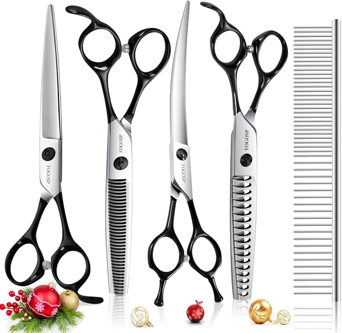 Professional Dog Grooming Scissors Kit 4pcs FOGOSP 7 inch Curved Thinning Straight Chunker Shears for Dogs Cat Pets (7 in Kit, Black)