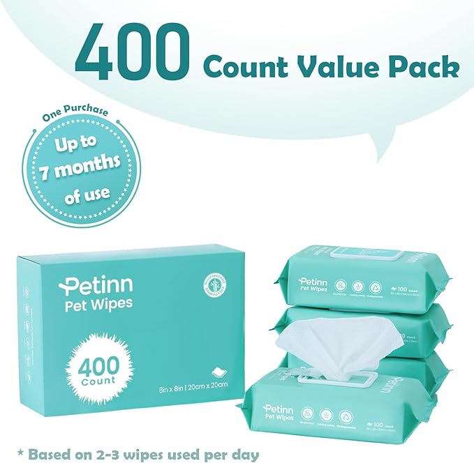 Pet Wipes for Dogs and Cats, Paws Butt Fur Cleaning Deodorizing, 100 Count Unscented Pet Grooming Wipes with 8"x8" Biodegradable Bamboo Fiber, Puppy Kitten Bath Wipe, Hypoallergenic, Licking Safety