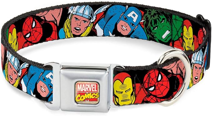 Buckle-Down Seatbelt Buckle Dog Collar - 5-Marvel Characters Black - 1.5" Wide - Fits 13-18" Neck - Small