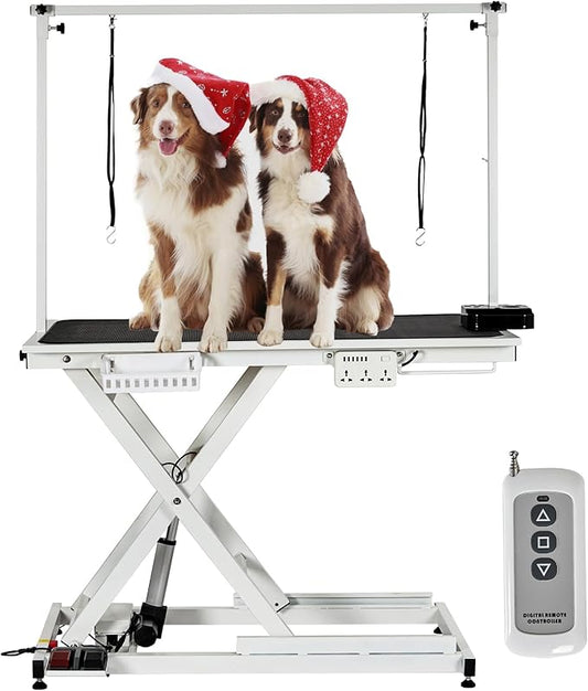 Professional Electric Dog Grooming Table Heavy Duty Pet Grooming Table Height Adjustable w/Leveling Wheels, Dog Grooming Arm, Anti Slip Tabletop &Tool Organizer, Dog Grooming Station 50" White