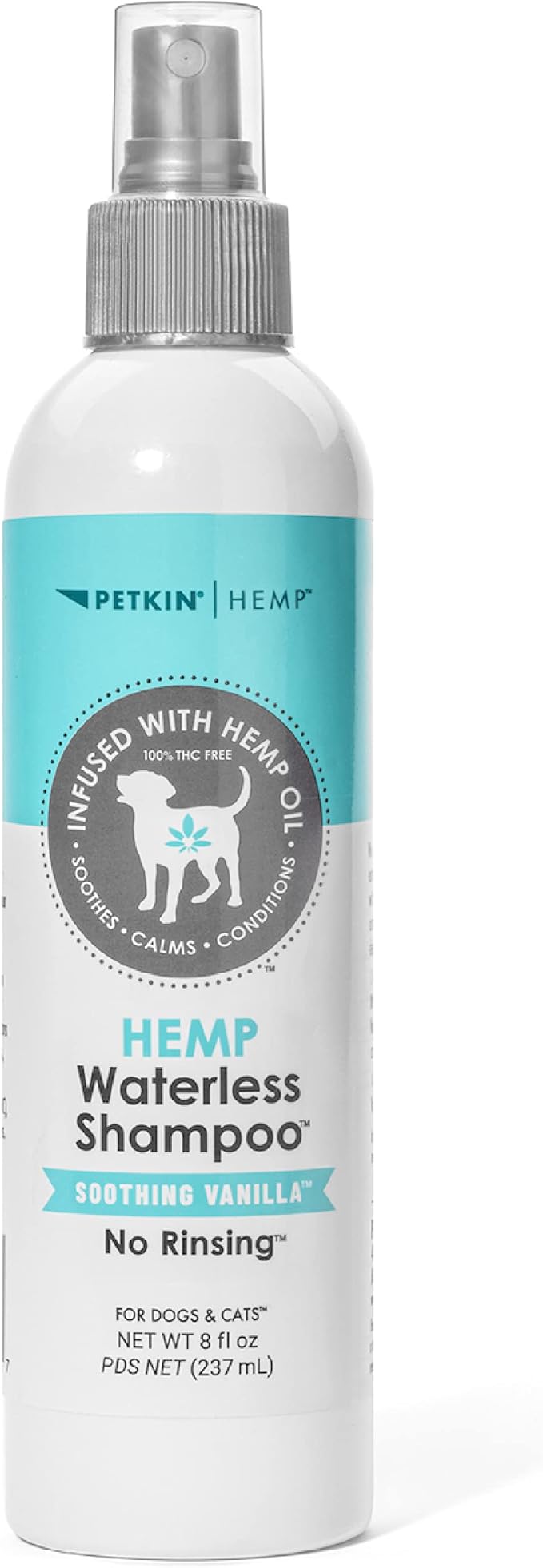 Petkin Hemp Waterless Dog Shampoo Spray – with Hemp Oil & Soothing Vanilla Extract, 8 fl oz – for Cats and Dogs – Soothes, Calms & Conditions, Keeps Pet Smelling Great – for Home and Travel