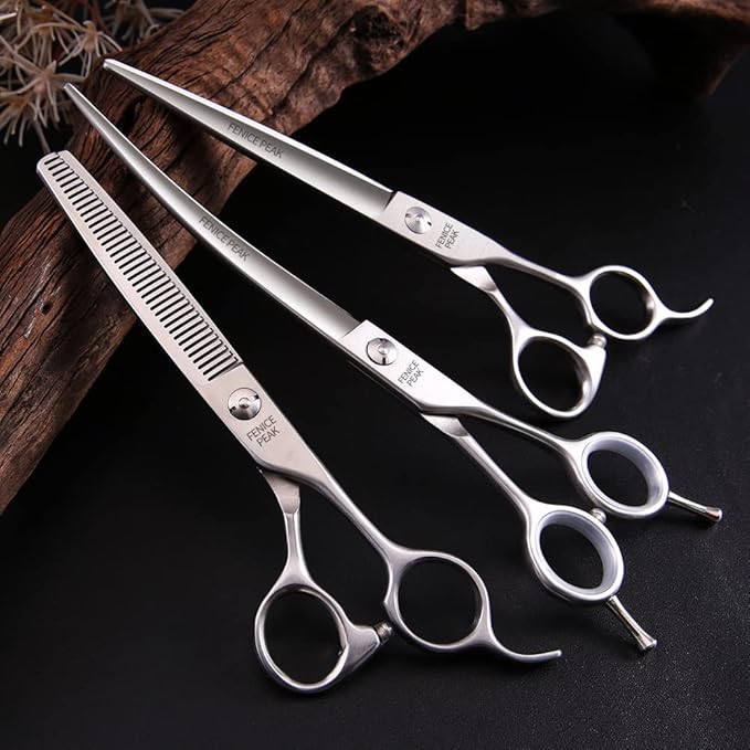 Fenice Peak 3pcs Dog Grooming Scissors Set Straight Thinning Curved Shears Stainless Steel Shears for Pet Grooming Sharp and Durable with Case Suitable for home users and Professional Groomer