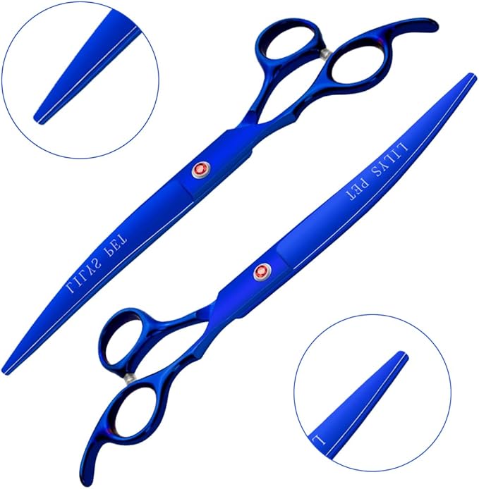 LILYS PET Professional PET DOG Grooming Coated Titanium scissors suit Cutting&Curved&Thinning shears (7.5 inches, Blue)…