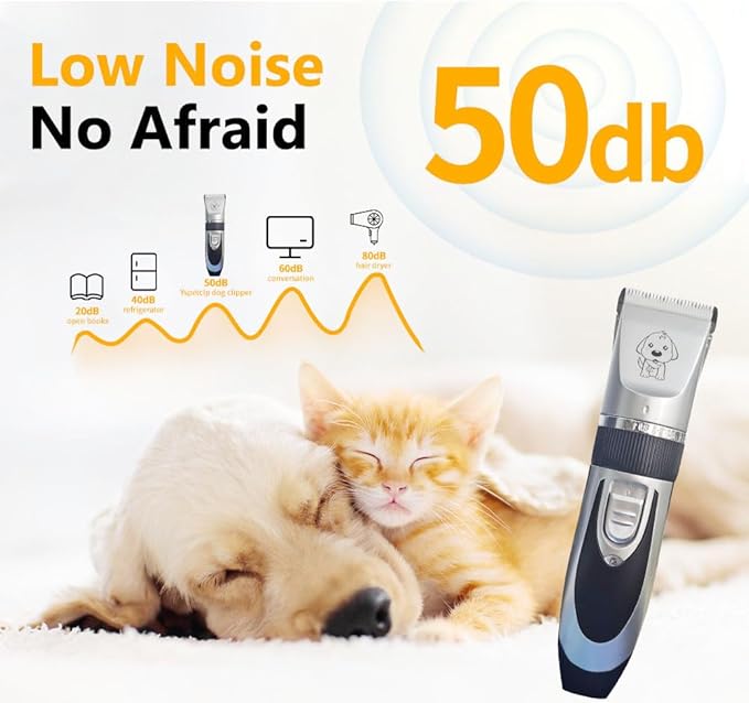 Dog Clippers Cat Clippers for Grooming Low Noise, Rechargeable, Cordless, Pet Shaver for Matted Hair, Quiet Animal Trimmer Pet Hair Thick Coats, for Dogs, Cats, Rabbits (Gray)