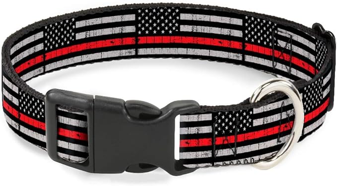 Buckle-Down Dog Collar Plastic Clip Thin Red Line Flag Weathered Black Gray Red 6 to 9 Inches 0.5 Inch Wide
