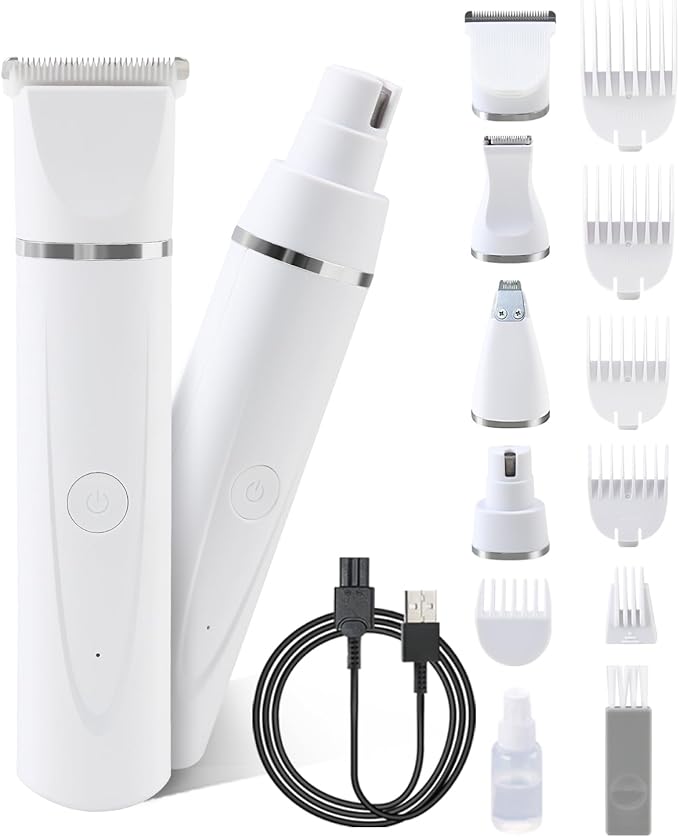 4 in 1 Dog Grooming Kit - Dog Clippers, Rechargeable, Low Noise - Multi-Functional for Hair on Pets Toes Hair Repair on face Around Ears and toenail Grinding