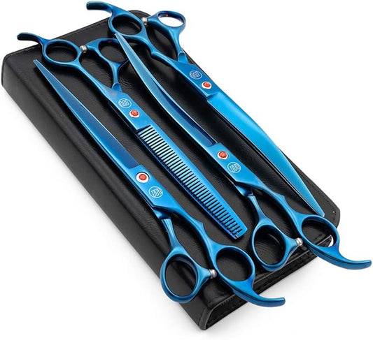 Moontay Professional 8.0" Dog Grooming Scissors Set, 4-pieces Straight, Upward Curved, Downward Curved, Thinning/Blending Shears for Dog, Cat and Pets, JP Stainless Steel, Blue
