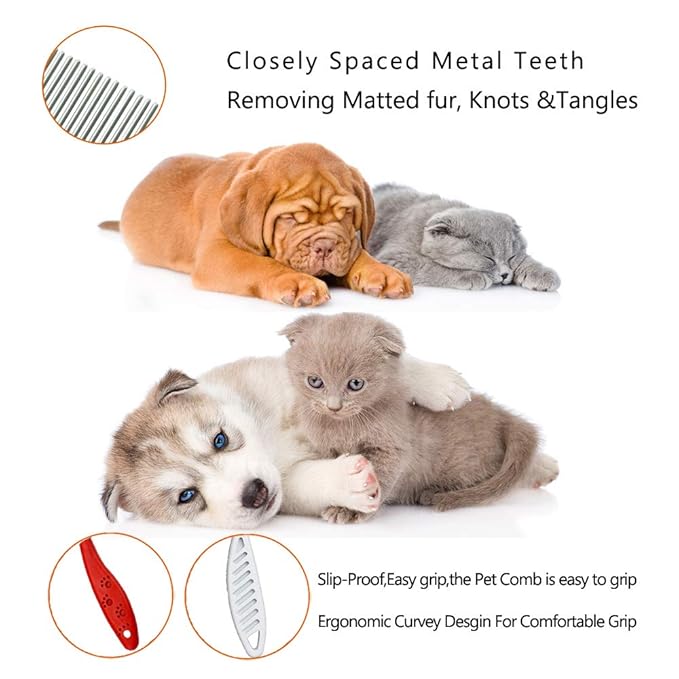 Pet Comb for Dogs & Cats,Small Dog & Cat Grooming Comb 2 Combs,Pet Stainless Steel Teeth Dogs Comb for Removing Matted Fur, Knots & Tangles,Shedding Comb,Red