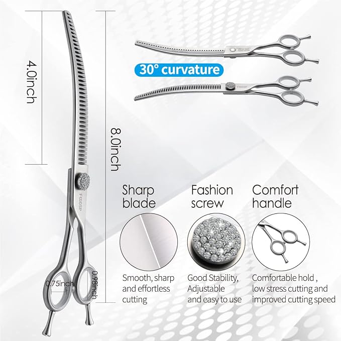 8.0'' Curved Chunkers Shears for Dog Grooming Professional Magic Dog Grooming Scissors with Big Artificial Diamonds 38 Teeth for Large Dog(8.0 in, Curved Chunkers)