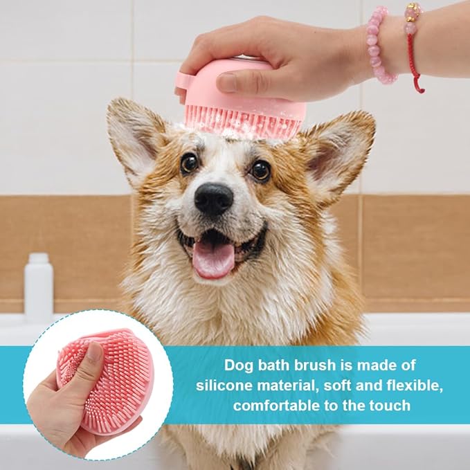 iayokocc 2Pcs Dog Cat Bath Brush Soft Silicone Dog/Puppy Massage Brush Hair Fur Grooming Cleaning Brush with Shampoo Dispenser,for Long Short Haired Pets,with 2Pcs Pet Flea Comb.