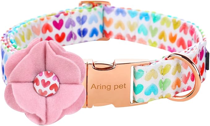 ARING PET Valentine's Day Dog Collar-Adorable Dog Collar with Felt Flower, Cotton Colorful Heart Dog Collars Pet Collars with Metal Buckle
