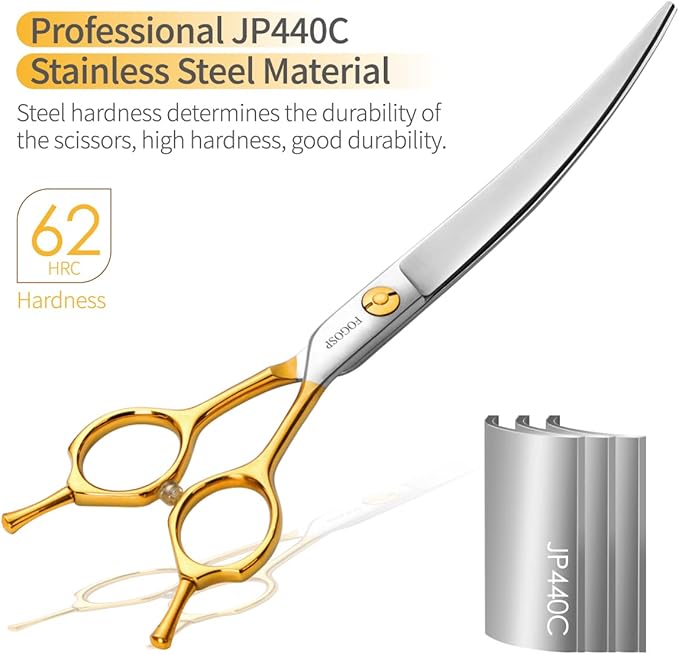 Curved Dog Grooming Scissors Professional 7" Grooming Shears for Dogs Pet Right Handed Groomer Japan 440C Stainless Steel (7 in Curved, Gold)