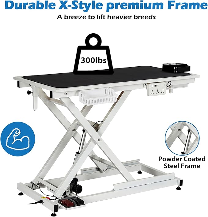 Professional Electric Dog Grooming Table Heavy Duty Pet Grooming Table Height Adjustable w/Leveling Wheels, Dog Grooming Arm, Anti Slip Tabletop &Tool Organizer, Dog Grooming Station 50" White