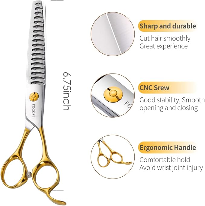 Dog Thinning Shears for Grooming 6.75" Chunker Shears Quickly Thinning Thick Hair Professional Dog Grooming Scissors for Small Dogs Right Handed Groomer Japan 440C 18 Teeth(Chunker, Gold)