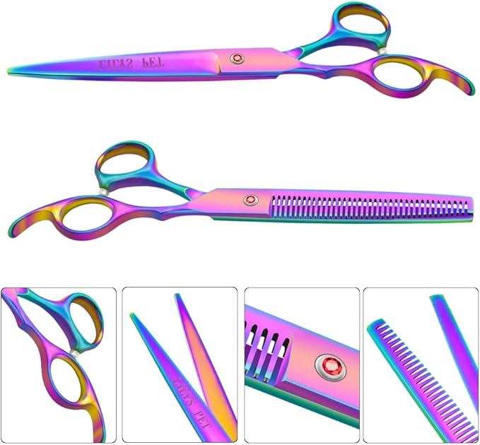 LILYS PET Professional PET DOG Grooming Coated Titanium scissors suit Cutting&Curved&Thinning shears (7.0 inches, Rainbow)…