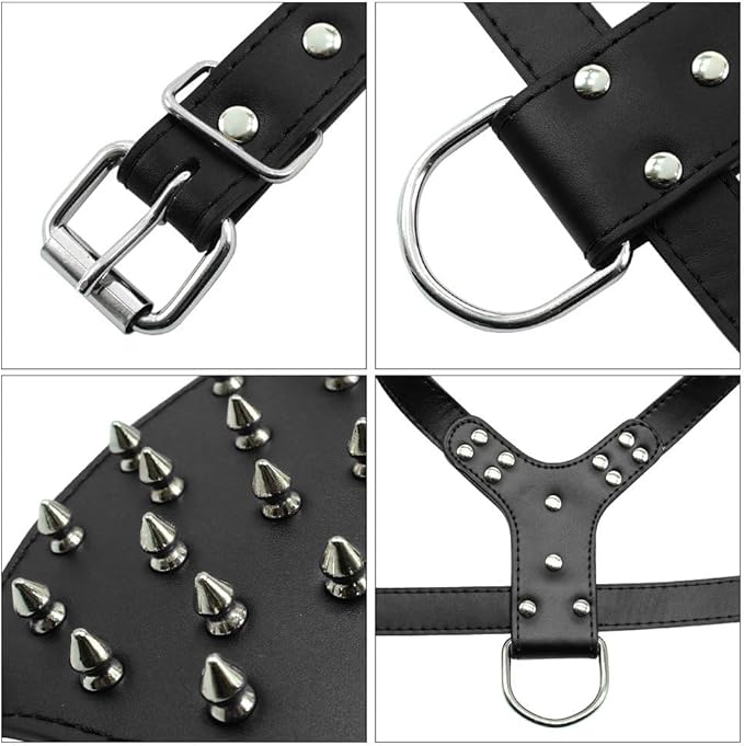 Leather Spiked Studded Harnesses, Collars & Leashes 3Pcs Matching Set for Medium & Large Dogs Pitbull,Mastiff, Boxer, Bull Terrier (Black, L)