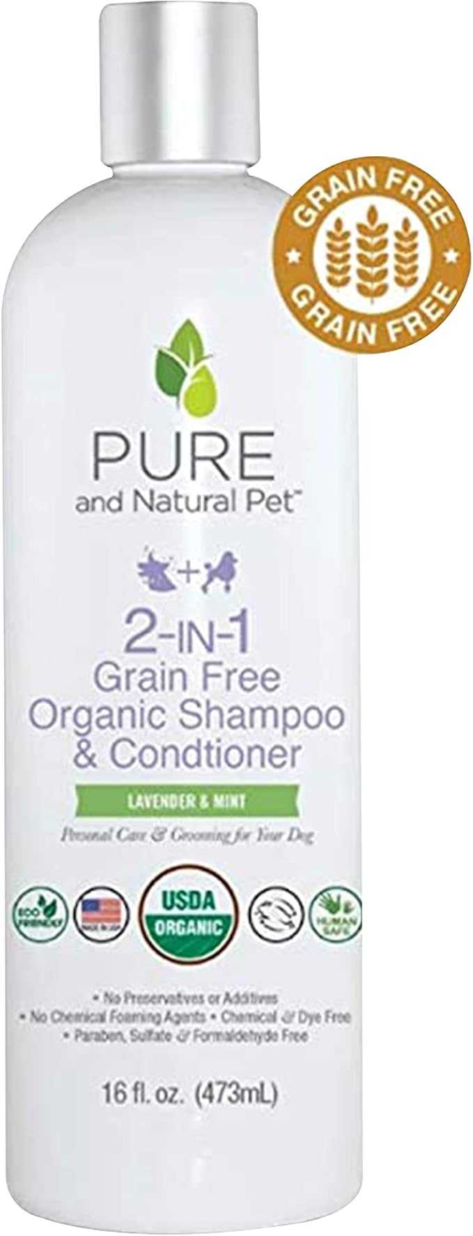 Pure and Natural Pet USDA Certified Organic 2-in-1 Grain Free Shampoo & Conditioner (Lavender & Mint) 16 oz.
