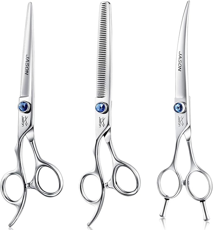 JASON Left Handed 7" Dog Grooming Scissors Set, 3 in 1 Ergonomic Blending, Curved, Straight Cat Pet Hair Trimming Thinning Professional Kits with Offset Handle and a Jeweled Screw