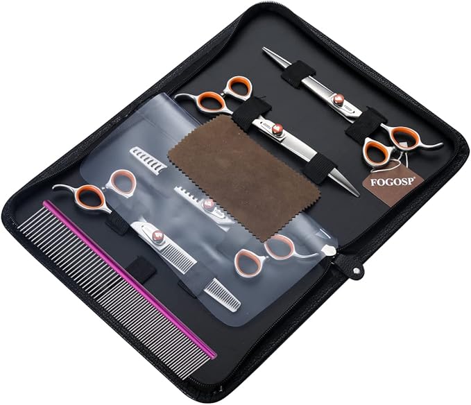Professional Dog Grooming Scissors Kit Japan 440C Stainless Steel 7 in Curved Thinning Straight Chunker Shears and Comb 5pcs Set for Grooming Dogs Cat Pet