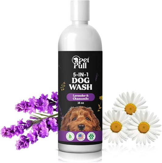 5-in-1 Dog Wash - Plant Based Dog Grooming Supplies for Dogs Cleanses - Skin Care Dog Wash Shampoo - Sulfate Free, All Natural Puppy Wash -Lavender and Chamomile Scent -Made in USA (16 Fl Oz)