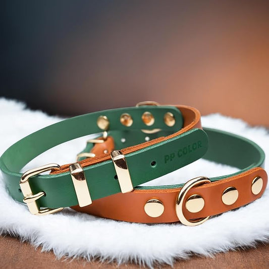 Premium Genuine Leather Dog Collar - Durable 4.5mm Thick, Color-Blocking Design with Rose Gold Hardware, Available in 4 Sizes for Small, Medium and Large Dogs Green,11-14.5 in