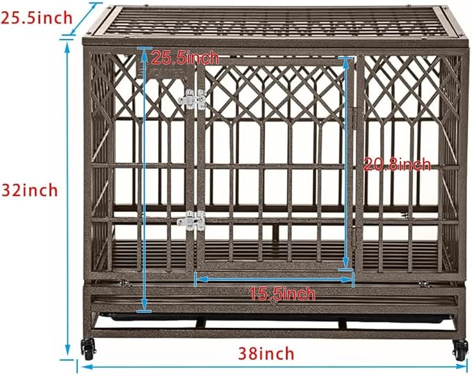 SMONTER 38in Heavy Duty Strong Metal Dog Cage Pet Kennel Crate Playpen with Wheels, Y Shape, Brown