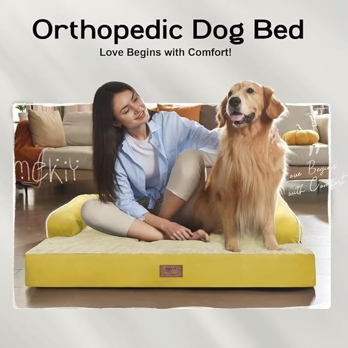 Large Dog Bed Orthopedic Washable | Beds Bolster Pet | XL Large Big Dogs | Memory Foam Couch Sofa | Waterproof with Removable Cover - Ginger Yellow Dog Bed