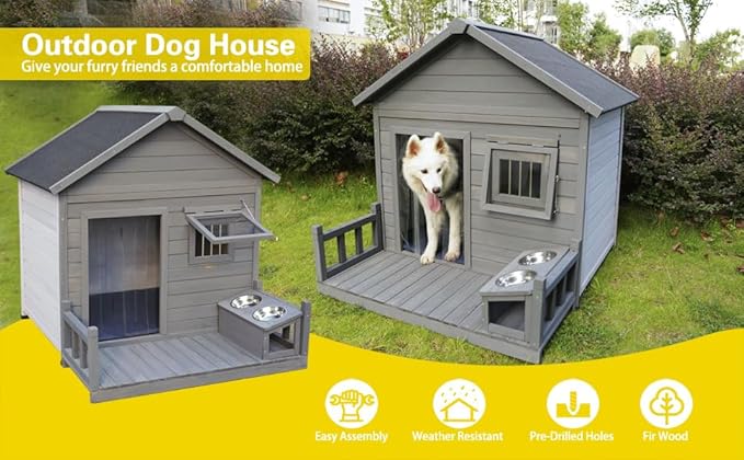 Outdoor Large Dogs House with Spacious Terrace,Open Waterproof Asphalt Roof Dog Kennel W/Breathable Window & 2 Feeding Stainless Bowls,Removable Floor Dog Cage for Large Dogs,Gray
