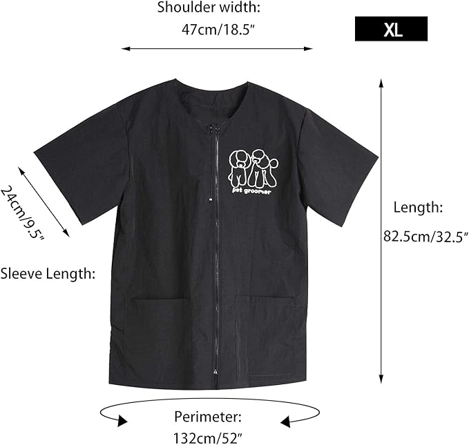 Noverlife Short Sleeves Pet Grooming Work Clothes with Full Zipper, XL Size, Splash Proof Anti-Static Pet Beautician Smock, Dog Cat Groomer Cosmetologist Uniforms for Pet Shop Men Women
