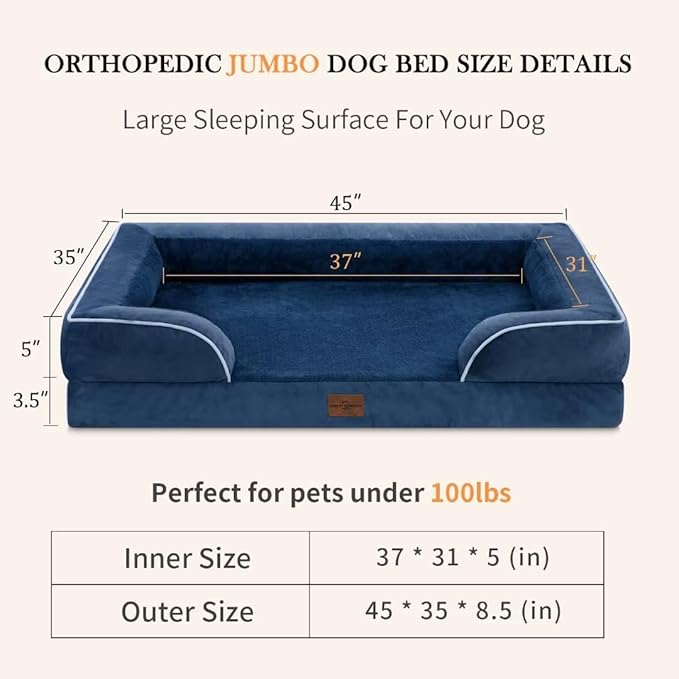 PV Washable Jumbo Dog Bed for Extra Large Dogs, Waterproof Orthopedic Dog Bed, Jumbo Breed Dog Bed Sofa with Removable Cover & Non-Slip Bottom(Jumbo,Navy Blue)