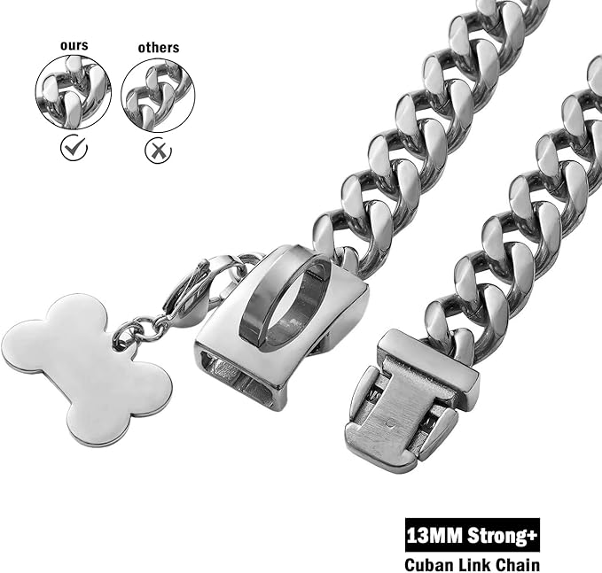 Strong Stainless Steel Silver Cuban Link Chain Dog Collar,Pet Necklace Walking Collar for Small Medium Dogs(Length - 14'')