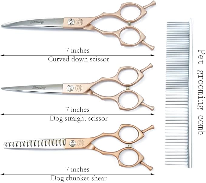 Moontay 6.5" Professional Pet Grooming Scissors Set, 3-pieces Dog Cat Grooming Straight & Curved & Chunker Shears/Scissors with 1 Grooming Comb, 440C Japanese Stainless Steel Grooming Scissor, Gold