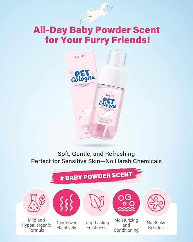 Dog & Cat Perfume | Long-Lasting Baby Powder Scent Deodorizing Spray | Fur-Conditioning Cologne, Non-Sticky Formula | Travel-Friendly, 3.38 fl. oz