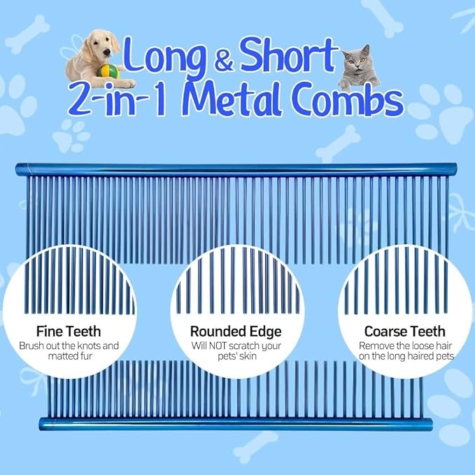 Pet Grooming Comb Kit - Flea Combs for Dog and Cat, 5Pcs Lice Combs and Tear Stain Remover Comb with Stainless Steel Teeth, Professional Pet Grooming Tool with Portable Bag for Removing Knots & Tangle