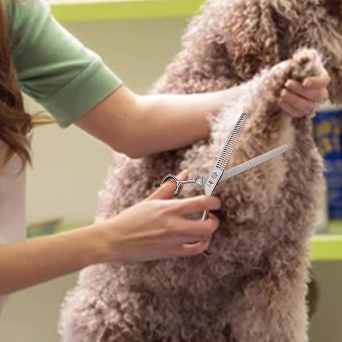 PURPLRBIRD 7 Inch Straight Dog Grooming Scissors Pet Thinning Texturizing Shears Professional Safety Blunt Tip Trimming Shearing for Dogs Cats Face Paws Limbs Japanese Stainless Steel Silver