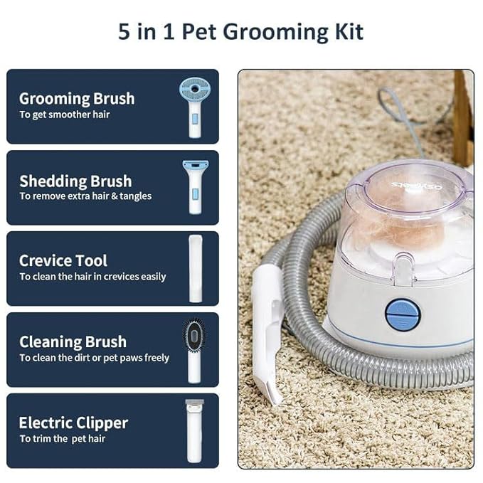 Pet Grooming Brush Set 5-in-1 Vacuum 99% Pet Hair Low Noise Not Easy to Block, for Cats and Dogs, with a Total of 5 Tools, Grooming Brush Shedding Brush Crevice Tools (White)