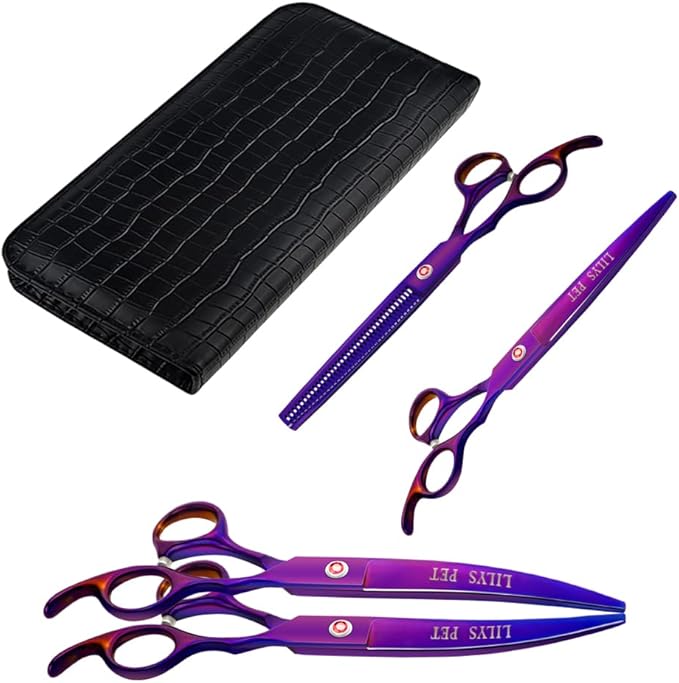 LILYS PET Professional PET DOG Grooming Coated Titanium scissors suit Cutting&Curved&Thinning shears (7.0 inches, Purple)…