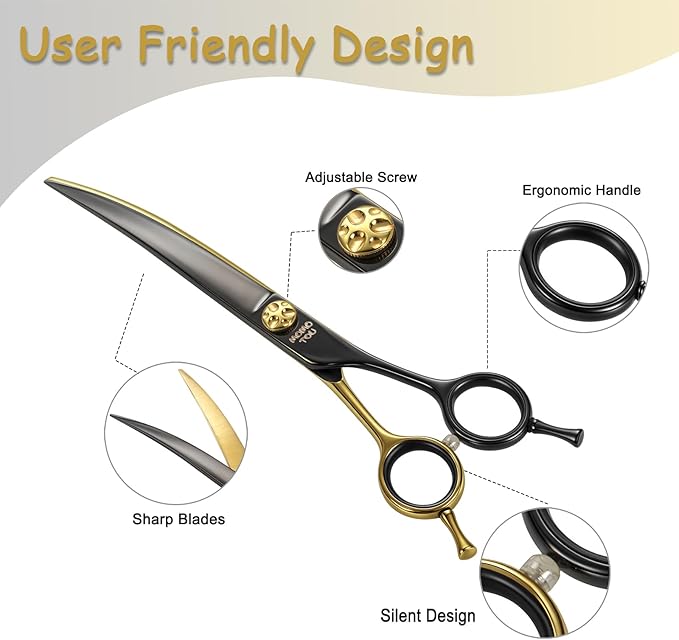 7'' Black & Gold Dog Grooming Scissors Set with Comb Curved Thinning Chunker Straight Shears 4PCS in Scissors Bag 440C Stainless Steel Sharp and Durable for Groomers and Beginners.