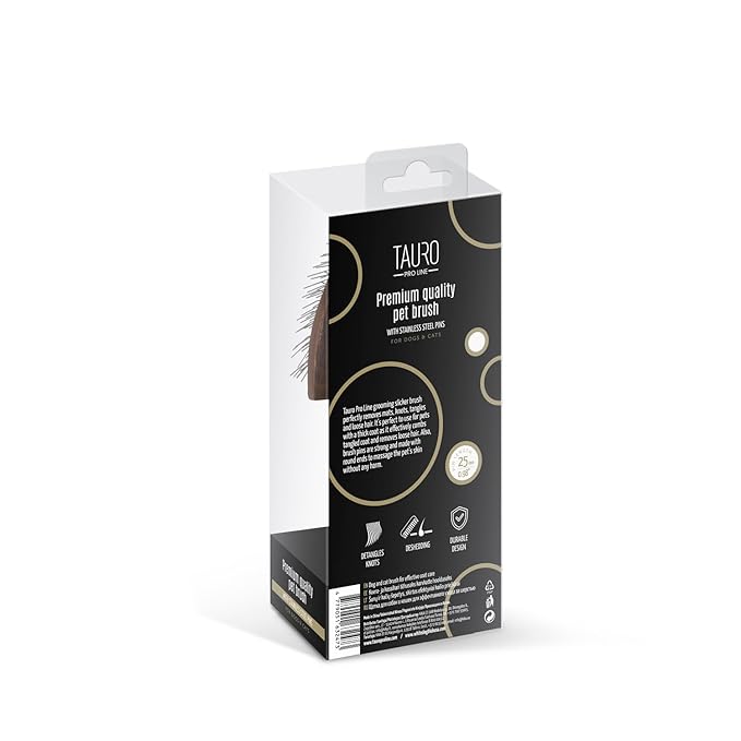 TAURO PRO LINE Wooden Dog Brush for Detangle Long and Short Hair, Wooden Soft Massage Brush for Grooming Haired Dogs and Cats, Flexible Cushion and Non-Slip Grip, Oval, 7.84 x 3.93 inch, Brown