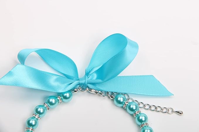 Dog Cat Pearls Necklace Collar with Bling Accessories and Ribbon Bow Pet Puppy Jewelry for Female Dogs Cats Small Medium (XL, Blue)