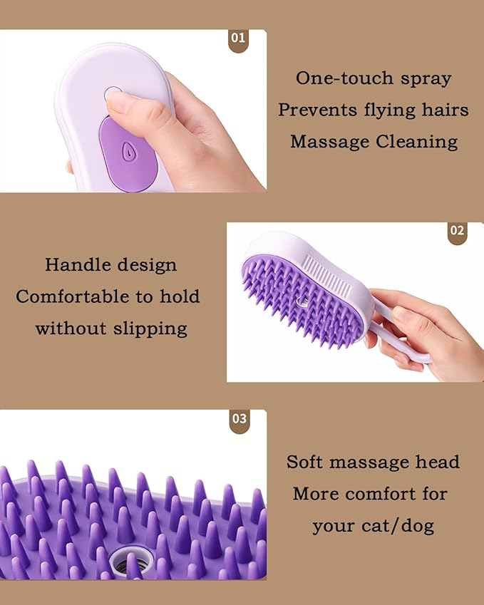 Cat Steam Brush for Shedding - 4 in 1 Cat Brush with Steam Anti-Static, Massaging & Shedding Comb – All-In-One Pet Grooming and Cleaning, Purple