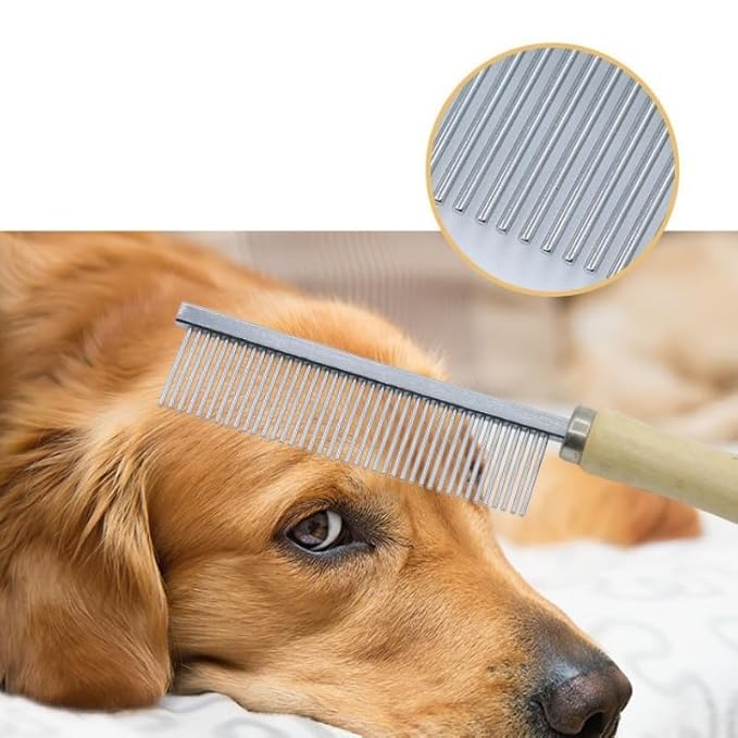 Silver Dog and Cat Combs For Grooming Long Haired Cats and Dogs - Pet Dog Cat Comb Stainless Steel Pin Teeth Wooden Handle Grooming Fur Hair Brush - Comb Removes and Prevents Matted Fur，Grooming