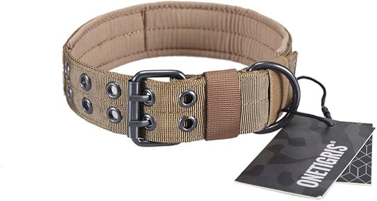 OneTigris Military Adjustable Dog Collar with Metal D Ring & Buckle 2 Sizes (Coyote Brown, M)