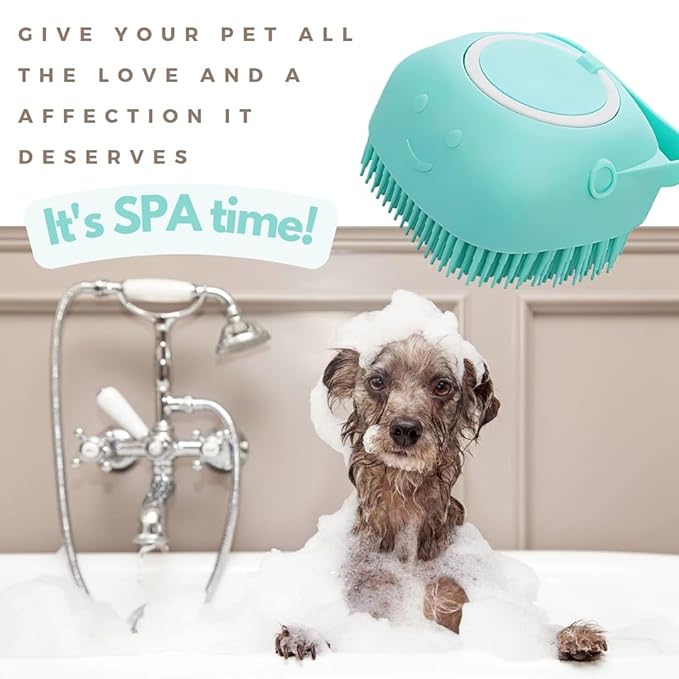 Pet Brush with Shampoo Dispenser - Yellow Silicone Bath Brush with Soap Scrubber for Relaxing & Non-Stress Grooming of Dogs and Puppies
