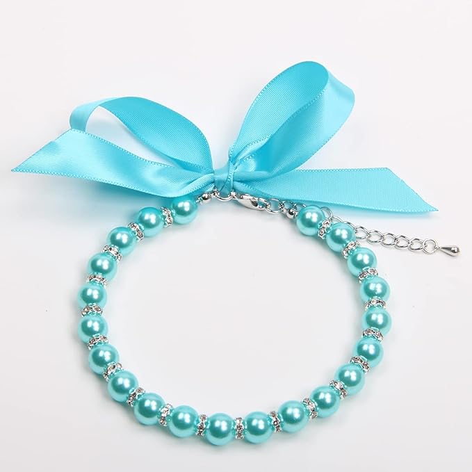 Dog Cat Pearls Necklace Collar with Bling Accessories and Ribbon Bow Pet Puppy Jewelry for Female Dogs Cats Small Medium (XL, Blue)