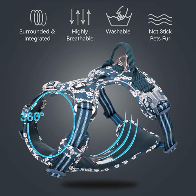 La La Pet® Floral No Pull Dog Harness Reflective Dog Vest Harness with Front & Back 2 Leash Clips and Easy Control Handle for Small Medium Large Dogs 3 Snap Buckles Easy to Put On & Take Off