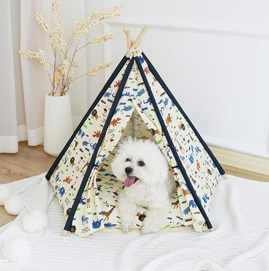 Solid Wood Cat Tent Indoor with Thick Mat,Portable Dog House Dog Teepee Tent,Cute Cat Teepee Cave, Cat Bed,Dog Bed Tent,Puppy Bed Tent,Bunny Tent,Pet Tent Teepee