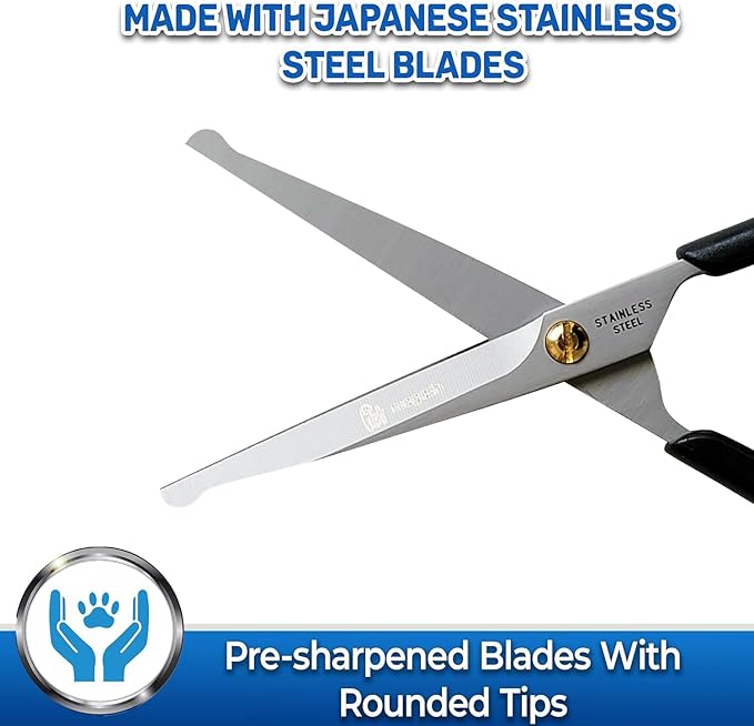 Pet Magasin Japanese Stainless Steel Grooming Scissors (2) for Facial Hair and Larger for Body Trimming with Round Tip (Black)